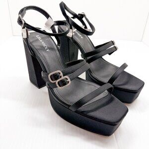 Lisa Vicky Babe-V Heels 9.5 Black Satin Strappy Platform Sandals Chunky Heel NIB